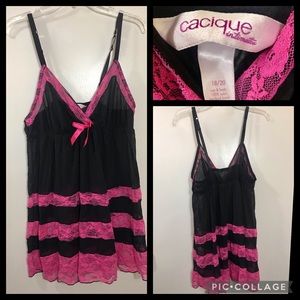 Cacique Intimates 18/20 pink black lace nightie sexy Valentine’s Day